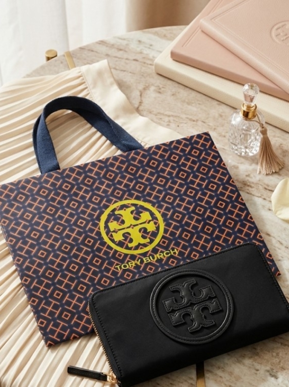 Tory Burch Navy and Tan Logo Tote with Black Zip Wallet